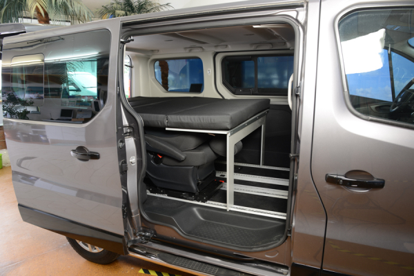 VanEssa sleeping system for kitchen side view in Opel Vivaro B life Renault Trafic III Spaceclass